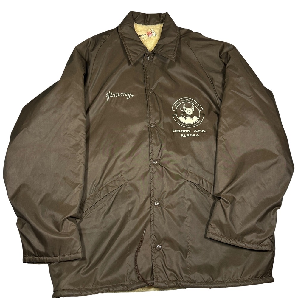 Vintage 80s Sherpa Lined King Louie Chain Stitch Jacket Brown Eielson AFB Alaska